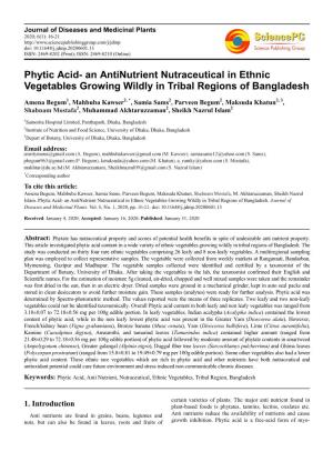 Phytic Acid- an Antinutrient Nutraceutical in Ethnic Vegetables Growing Wildly in Tribal Regions of Bangladesh