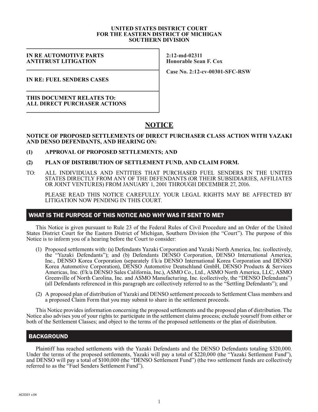 Notice of Proposed Settlements with Yazaki and DENSO Defendants