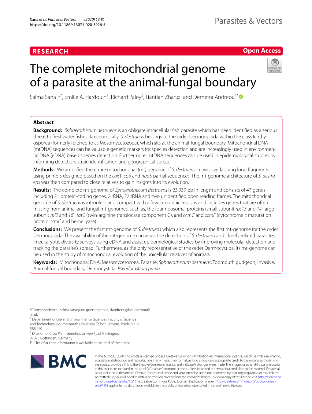 The Complete Mitochondrial Genome of a Parasite at the Animal-Fungal