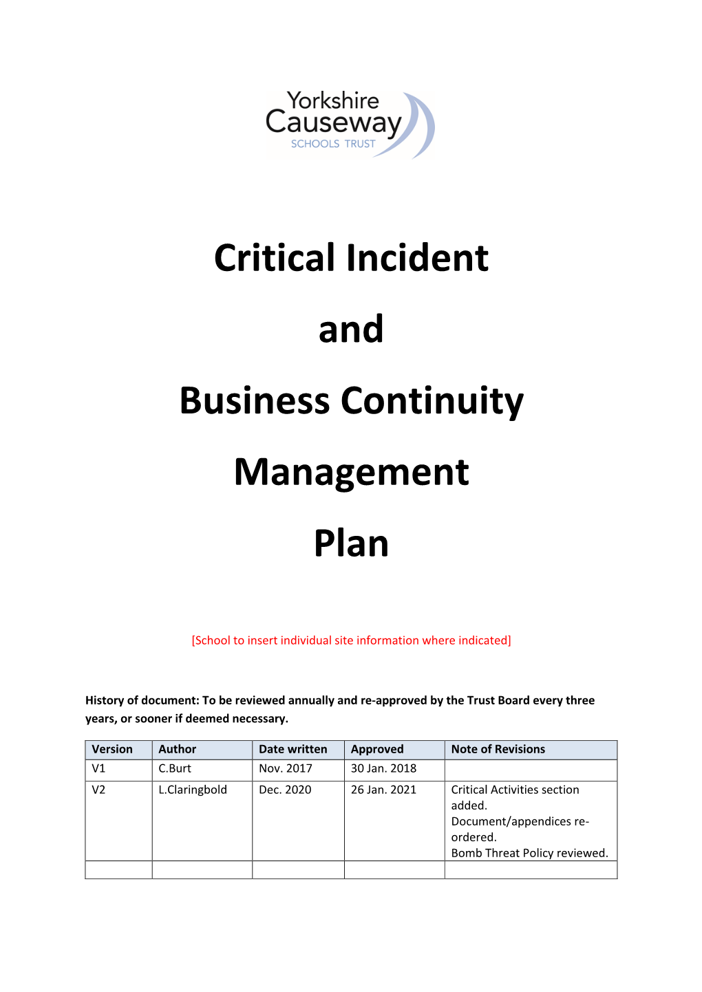 Critical Incident and Business Continuity Management Plan
