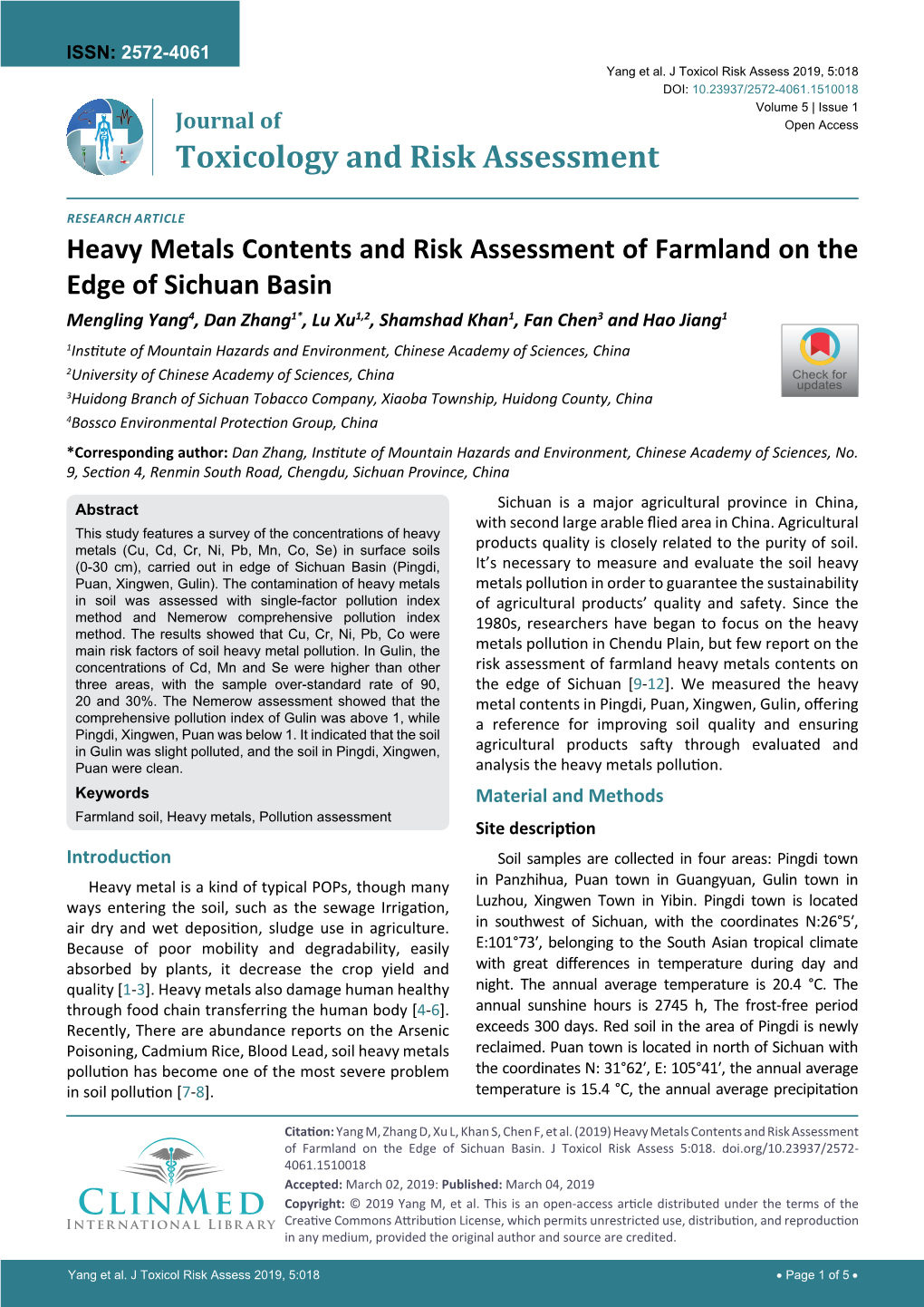 Heavy Metals Contents and Risk Assessment of Farmland on The