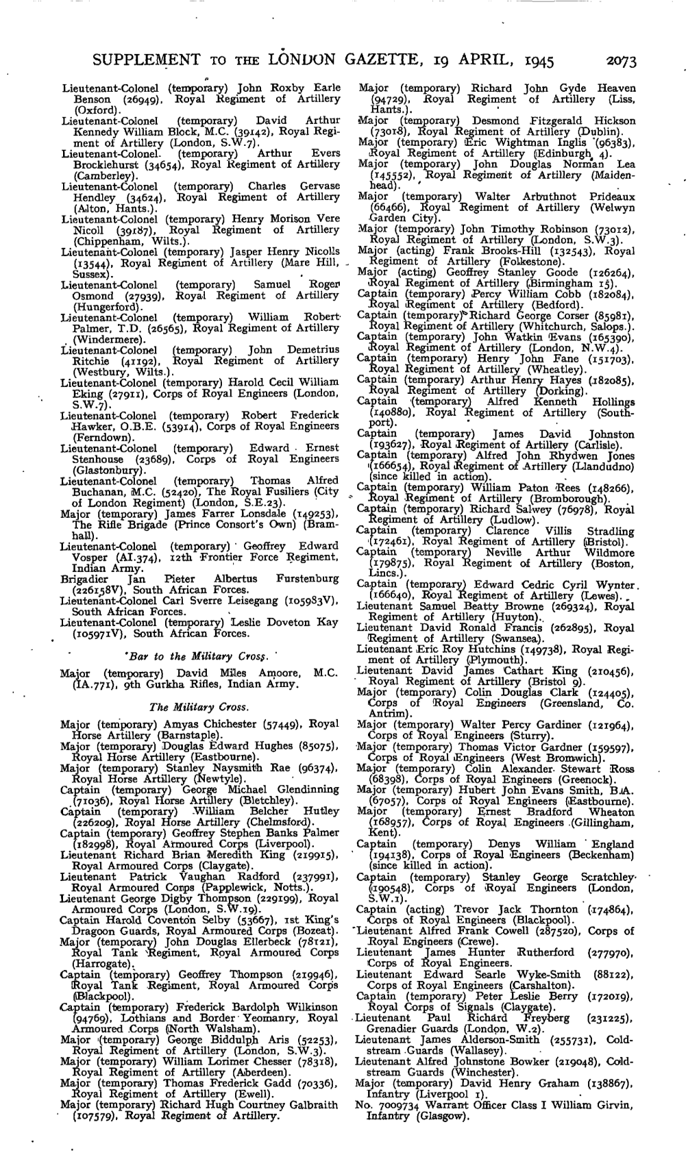 Supplement to the London Gazette, 19 April, 1945 2073