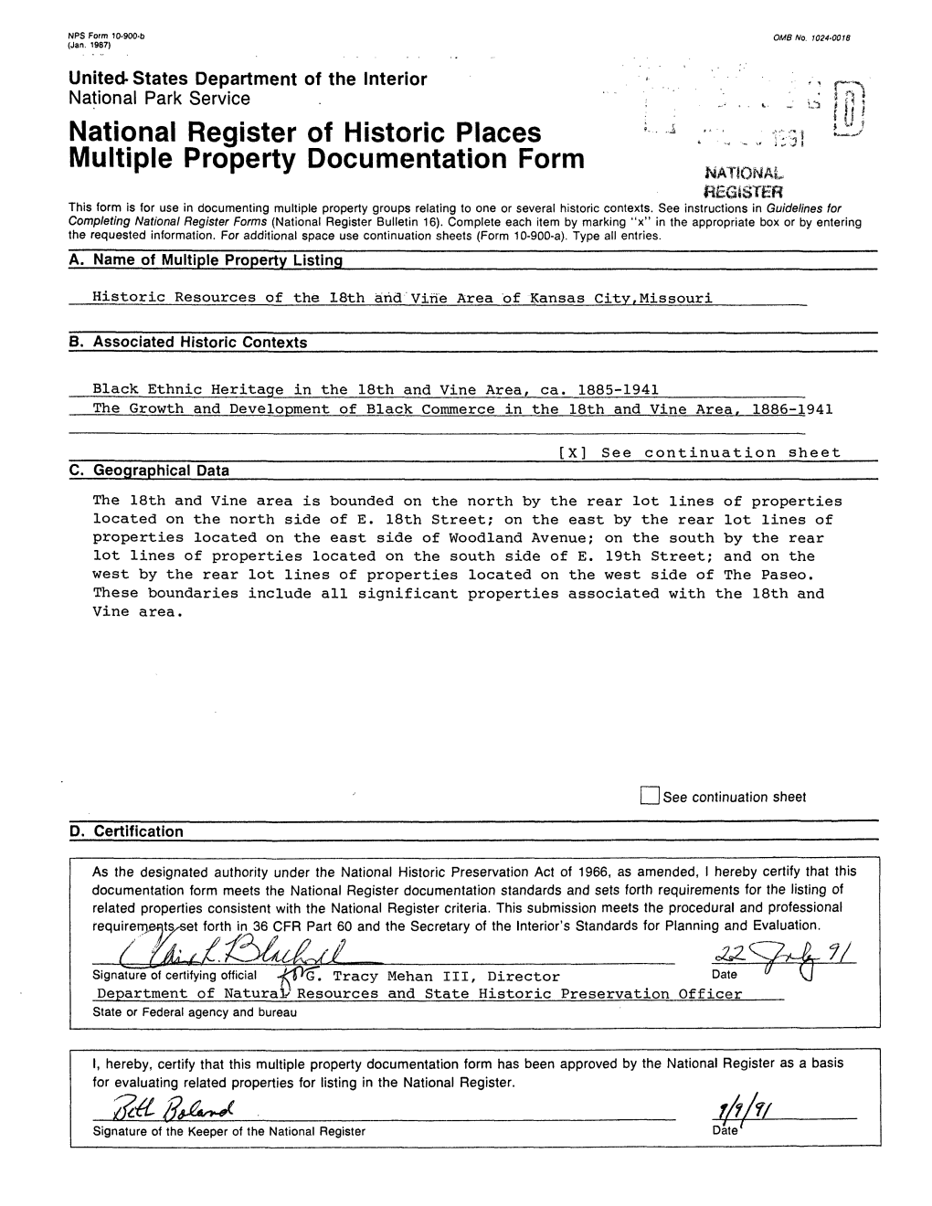 National Register of Historic Places J / Multiple Property Documentation Form