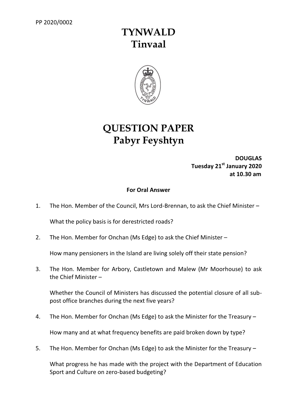 Tynwald Court Question Paper