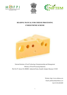 Reading Manual for Cheese Processing Under Pmfme Scheme