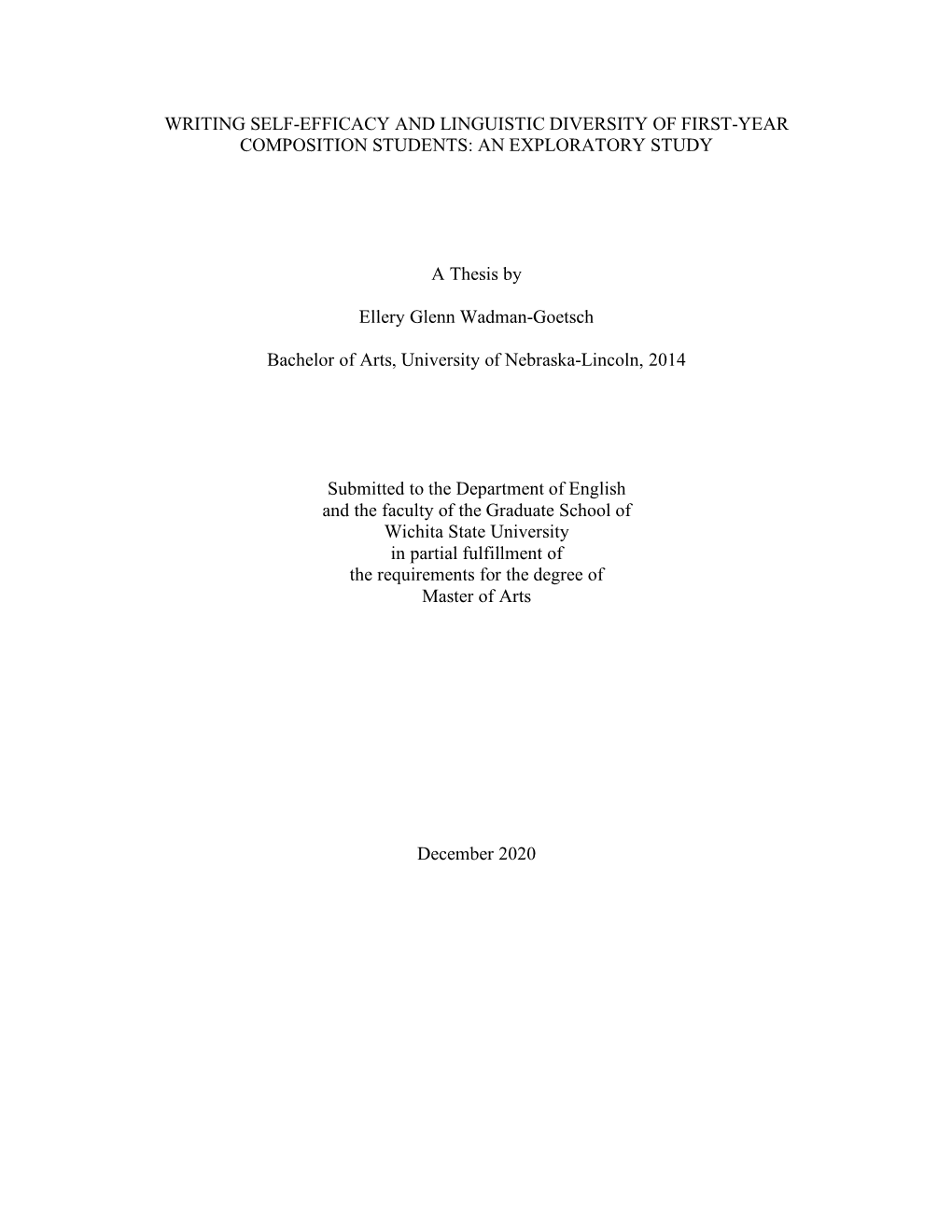 Writing Self-Efficacy and Linguistic Diversity of First-Year Composition Students: an Exploratory Study