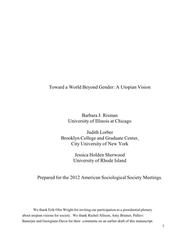 Toward a World Beyond Gender: a Utopian Vision Barbara J. Risman