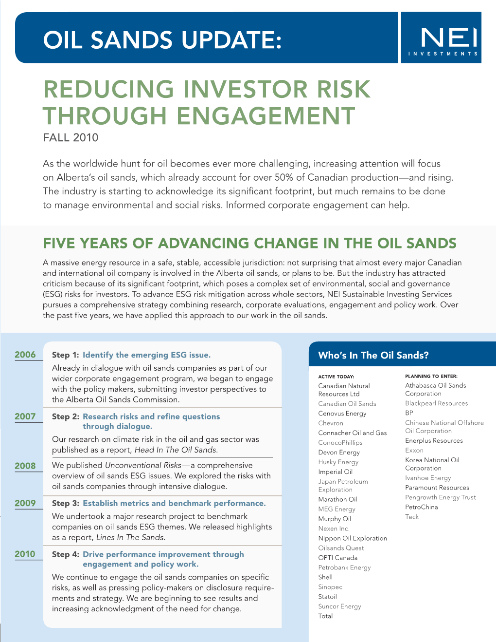 Oil Sands Update: Corporate Engagement