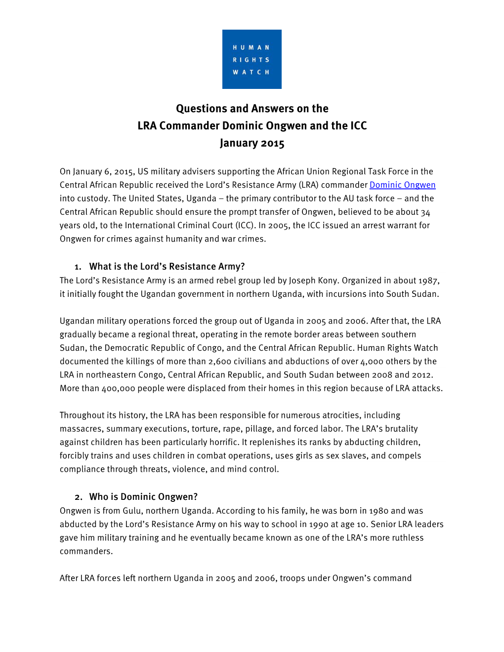 Questions and Answers on the LRA Commander Dominic Ongwen and the ICC January 2015