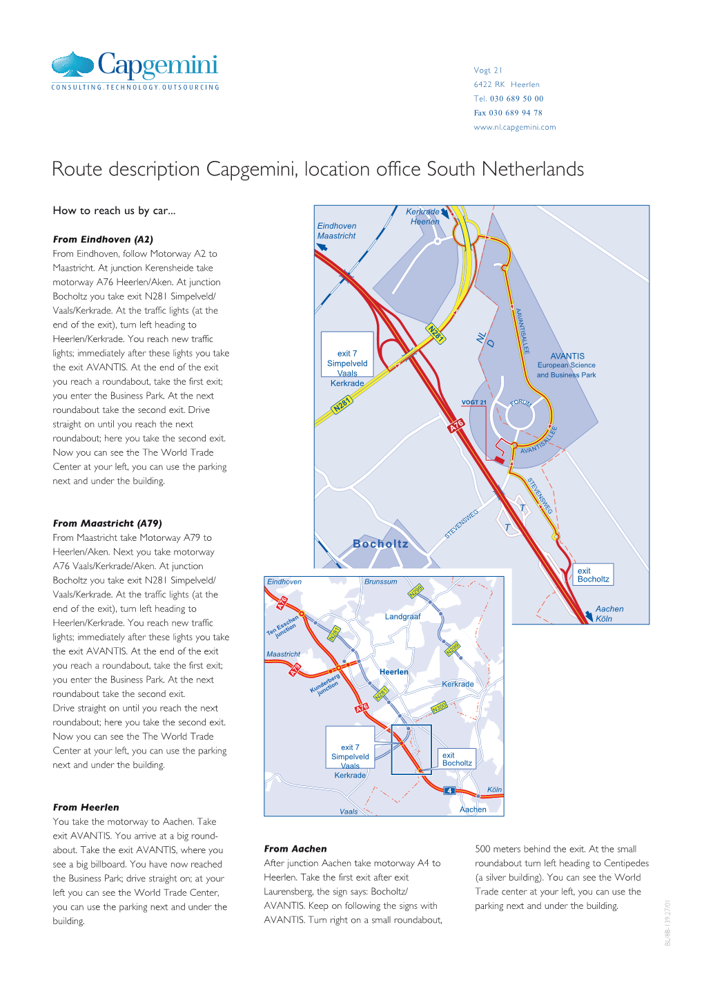 Route Description Capgemini, Location Office South Netherlands