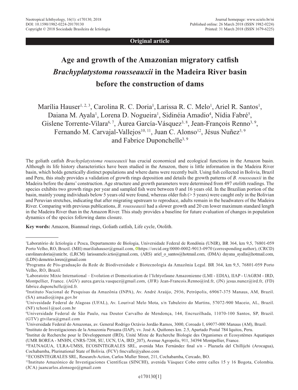 Age and Growth of the Amazonian Migratory Catfish Brachyplatystoma Rousseauxii in the Madeira River Basin Before the Construction of Dams