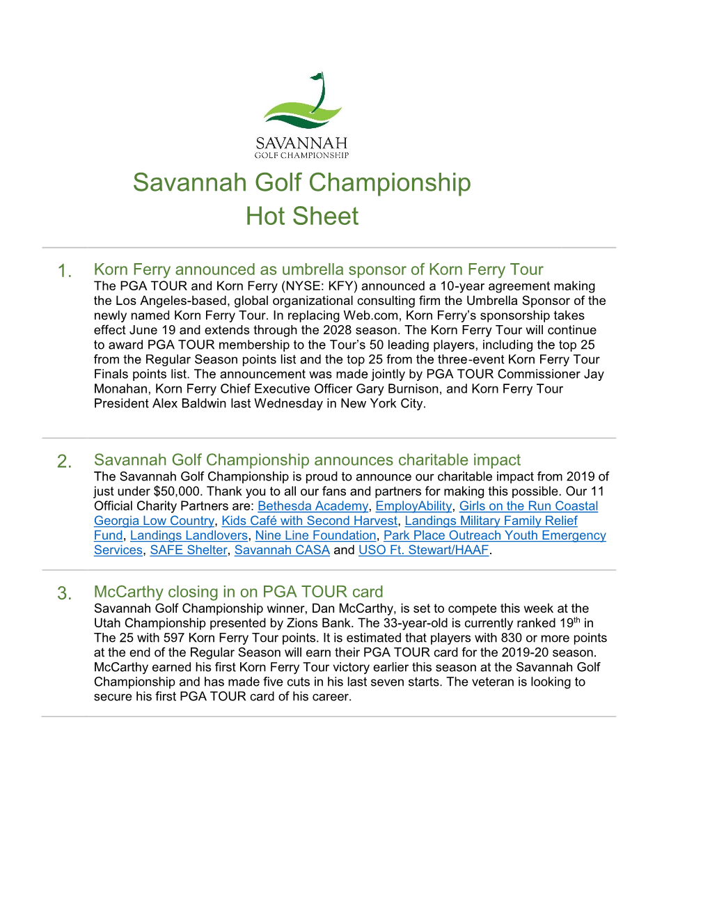 Savannah Golf Championship Hot Sheet