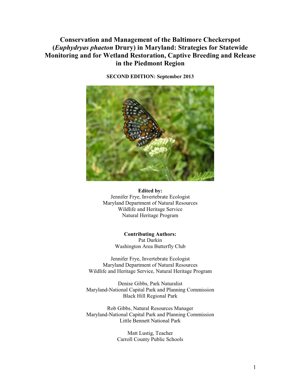 Conservation and Management of the Baltimore Checkerspot