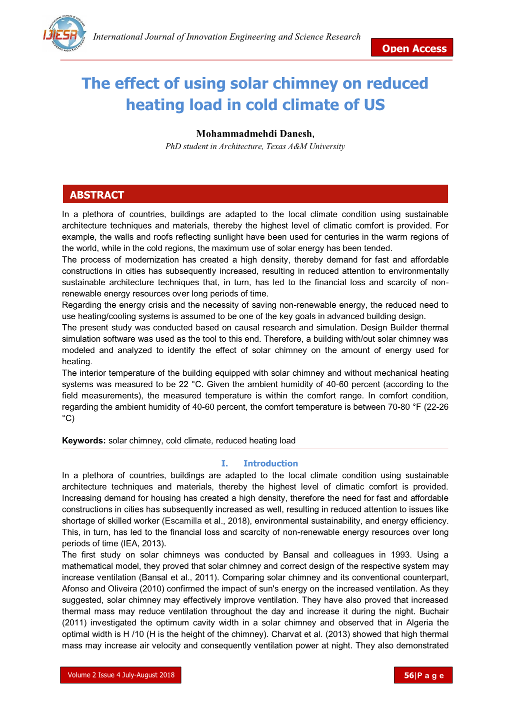 The Effect of Using Solar Chimney on Reduced Heating Load in Cold