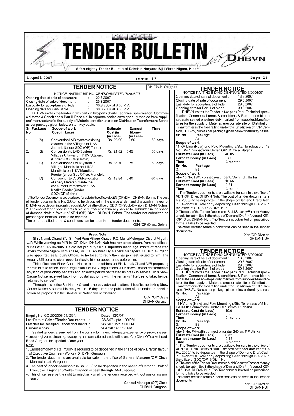 TENDER NOTICE OP Circle Gurgoan TENDER NOTICE NOTICE INVITING BID NO