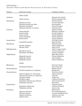 APPENDIX I Vascular Plants with Known Occurrence in Nevada County