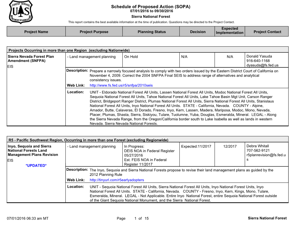 Schedule of Proposed Action (SOPA) 07/01/2016 to 09/30/2016 Sierra National Forest This Report Contains the Best Available Information at the Time of Publication