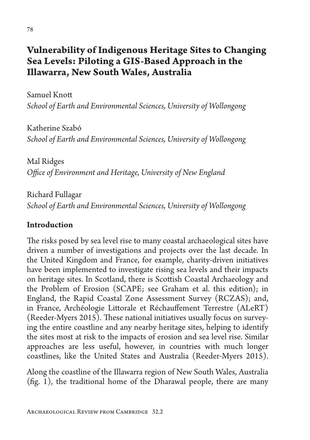 Vulnerability of Indigenous Heritage Sites to Changing Sea Levels: Piloting a GIS-Based Approach in the Illawarra, New South Wales, Australia
