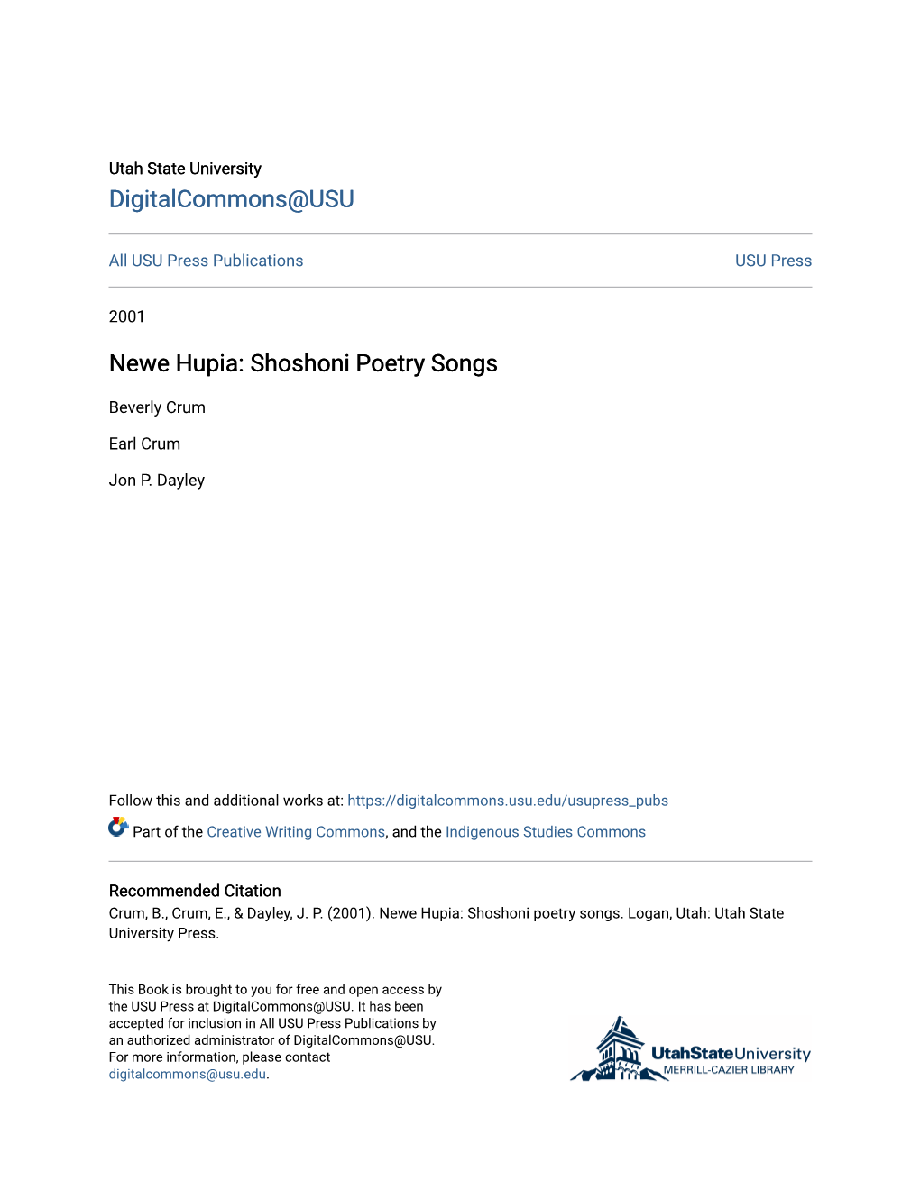 Newe Hupia: Shoshoni Poetry Songs