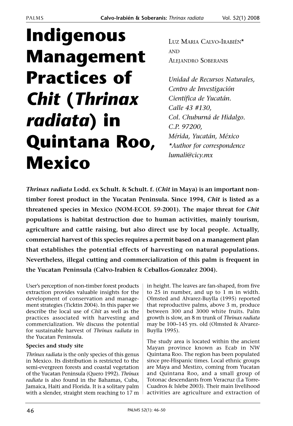 Indigenous Management Practices of Chit (Thrinax Radiata) in Quintana