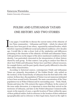 Polish and Lithuanian Tatars One History and Two Stories