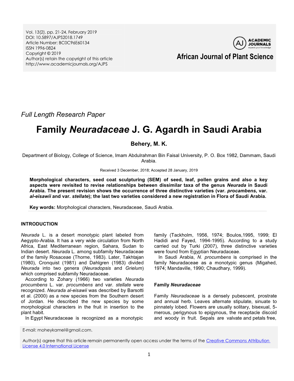 Family Neuradaceae J. G. Agardh in Saudi Arabia