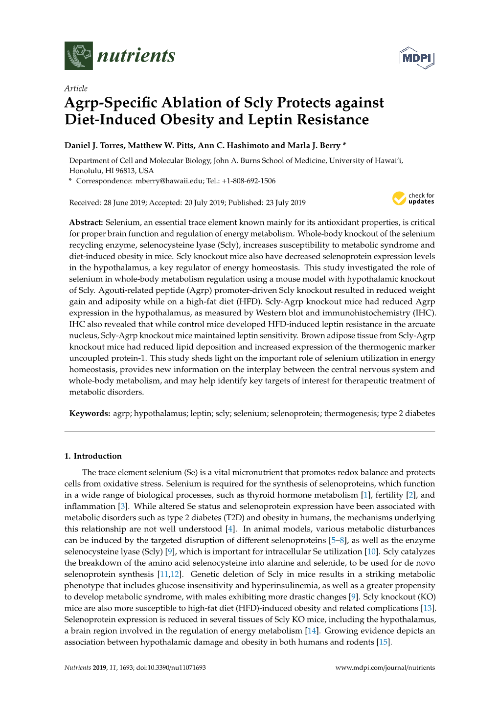 Agrp-Specific Ablation of Scly Protects Against Diet-Induced Obesity And