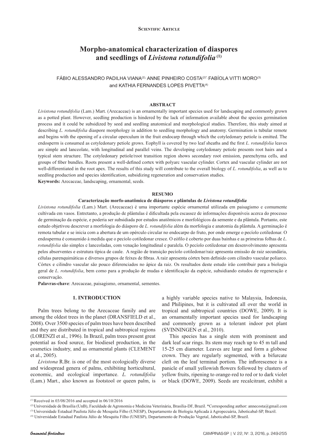 Morpho-Anatomical Characterization of Diaspores and Seedlings of Livistona Rotundifolia (1)