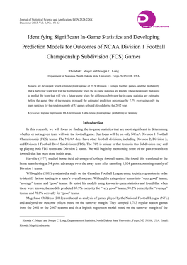 Identifying Significant In-Game Statistics and Developing Prediction Models for Outcomes of NCAA Division 1 Football Championship Subdivision (FCS) Games