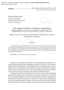 The Impact of Wars on Roman Legislation Regarding Vicesima Hereditatis and Caducum