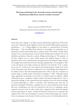 Knowing and Doing in the Sixteenth Century Natural Magic: Giambattista Della Porta and the Wonders of Nature1