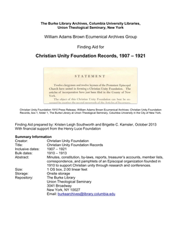 Christian Unity Foundation Records, 1907-1921 2