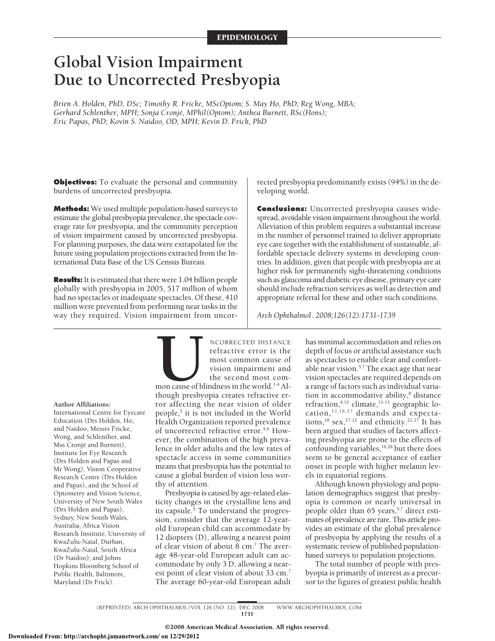 Global Vision Impairment Due to Uncorrected Presbyopia