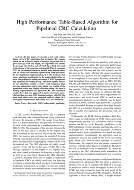 High Performance Table-Based Algorithm for Pipelined CRC Calculation