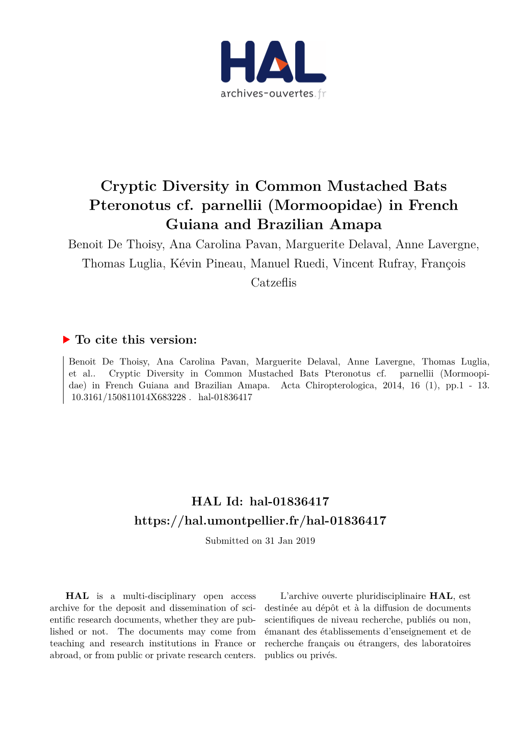 Cryptic Diversity in Common Mustached Bats Pteronotus Cf