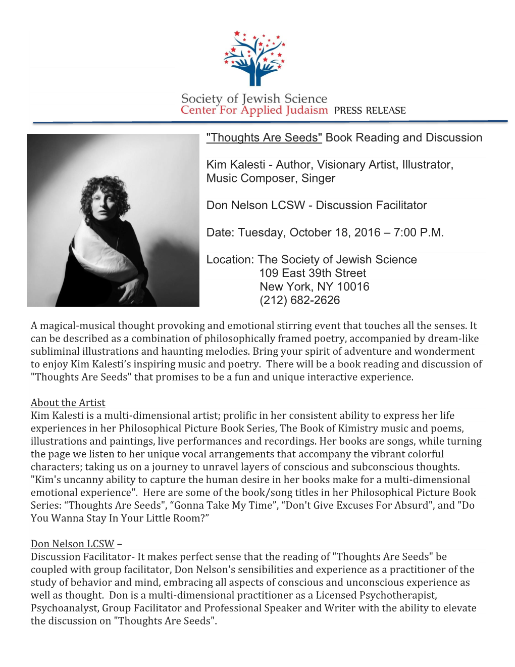 PRESS RELEASE "Thoughts Are Seeds" Book Reading and Discussion Kim Kalesti