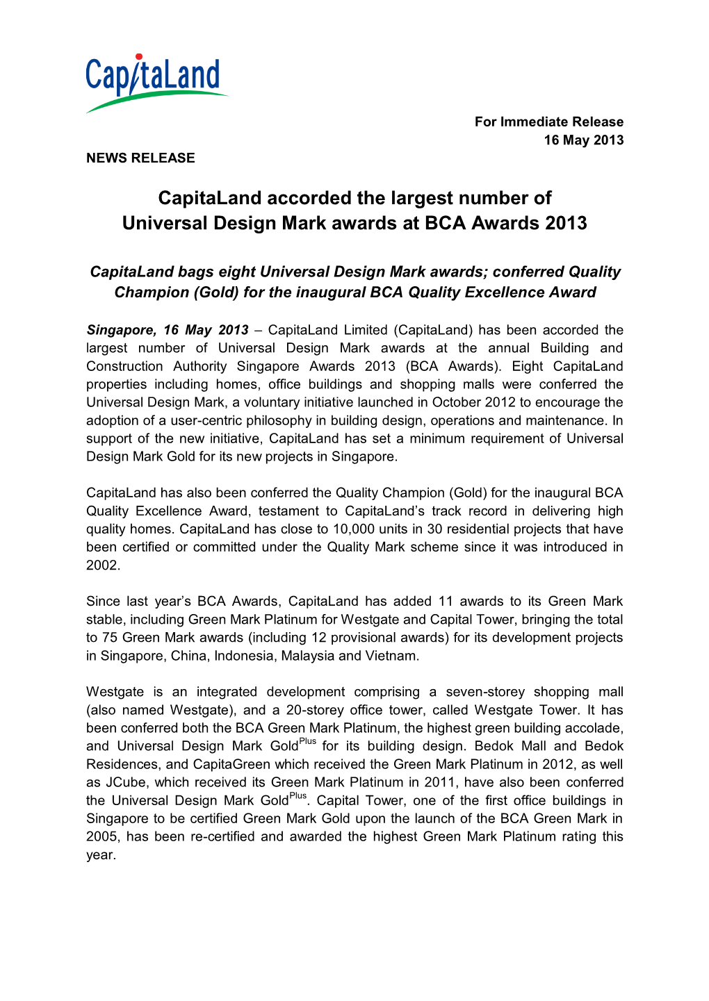 Capitaland Bags Eight Universal Design Mark Awards; Conferred Quality Champion (Gold) for the Inaugural BCA Quality Excellence Award