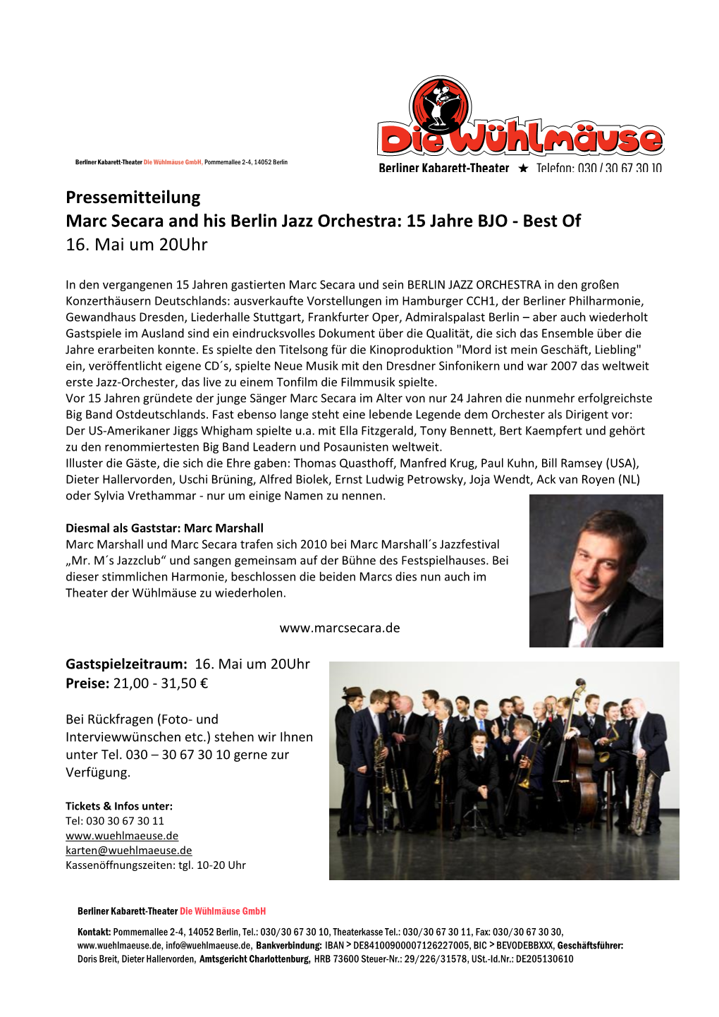 Pressemitteilung Marc Secara and His Berlin Jazz Orchestra: 15 Jahre BJO - Best of 16