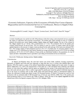 Economic Indicators, Capacity of the Ecosystem of Prickly Pear Cactus