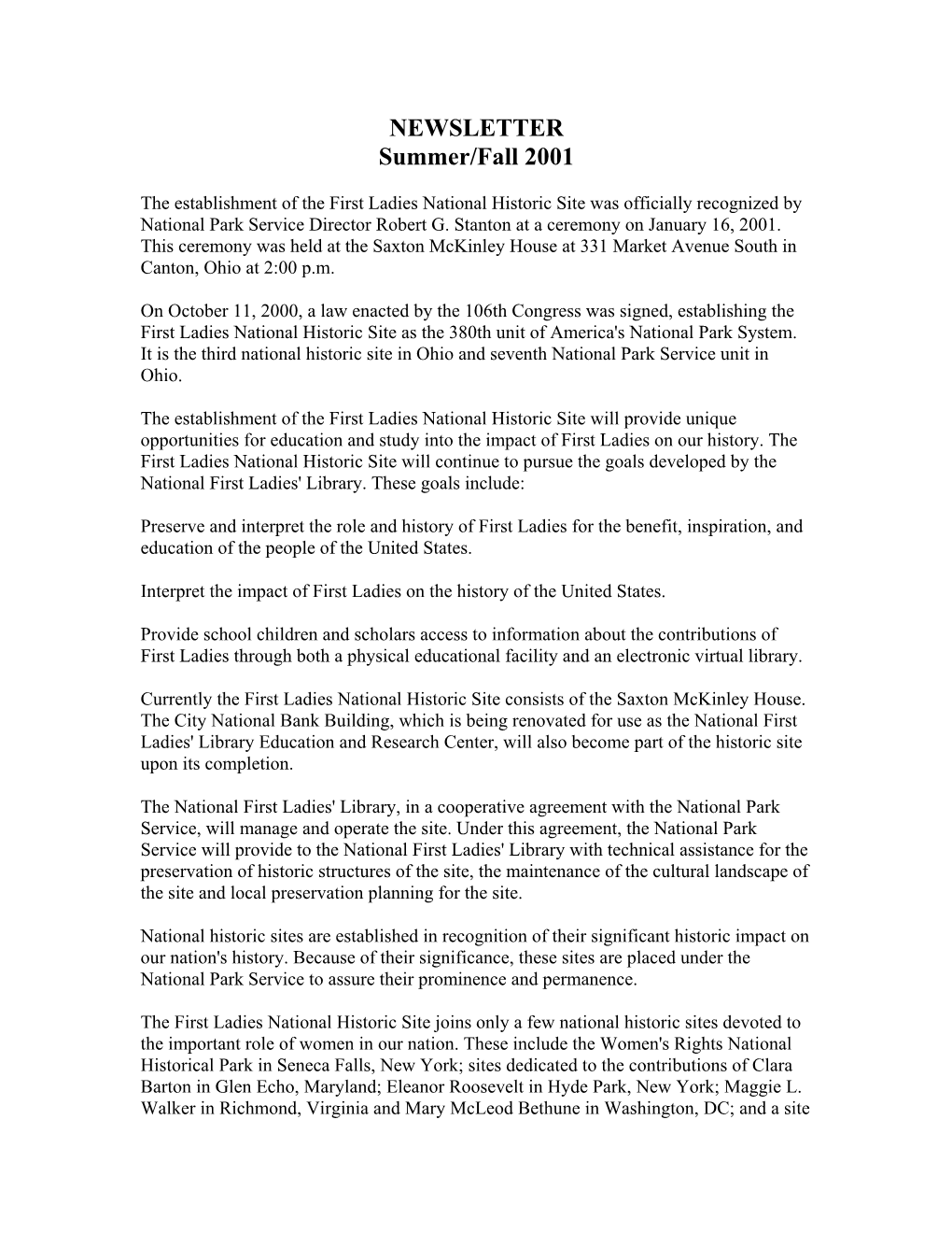 NEWSLETTER Summer/Fall 2001