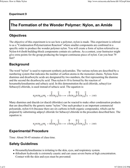 Exp 9: the Formation of the Wonder Polymer:Nylon, an Amide