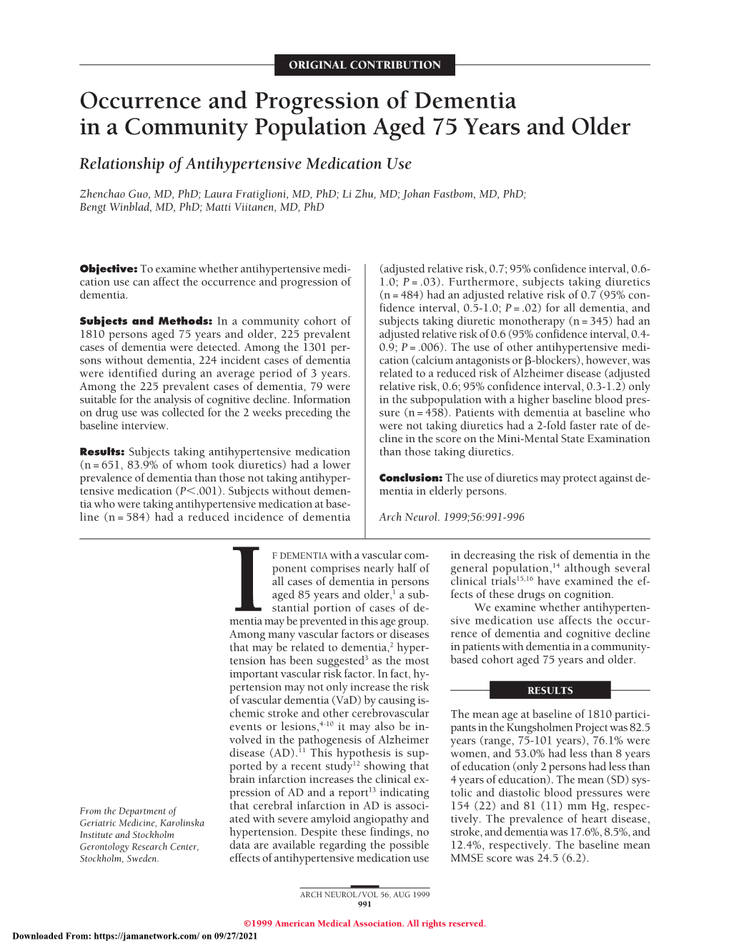 Occurrence and Progression of Dementia in a Community Population Aged 75 Years and Older: Relationship of Antihypertensive Medic