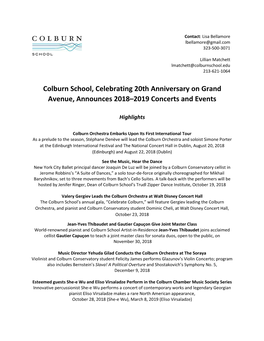 Colburn School, Celebrating 20Th Anniversary on Grand Avenue, Announces 2018–2019 Concerts and Events
