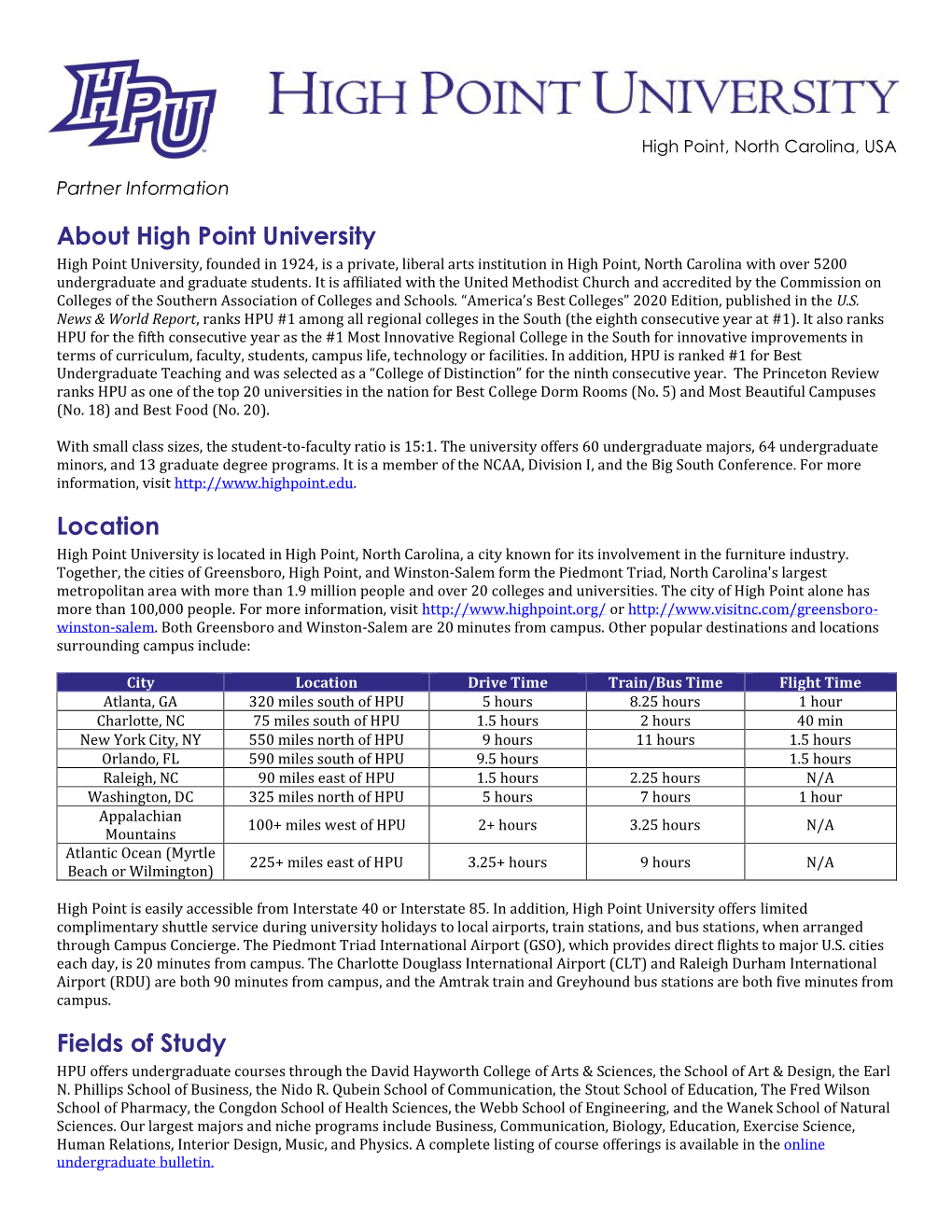 About High Point University Location Fields of Study