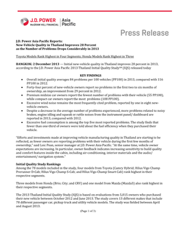 J.D. Power Asia Pacific Reports: New-Vehicle Quality in Thailand Improves 28 Percent As the Number of Problems Drops Considerably in 2013