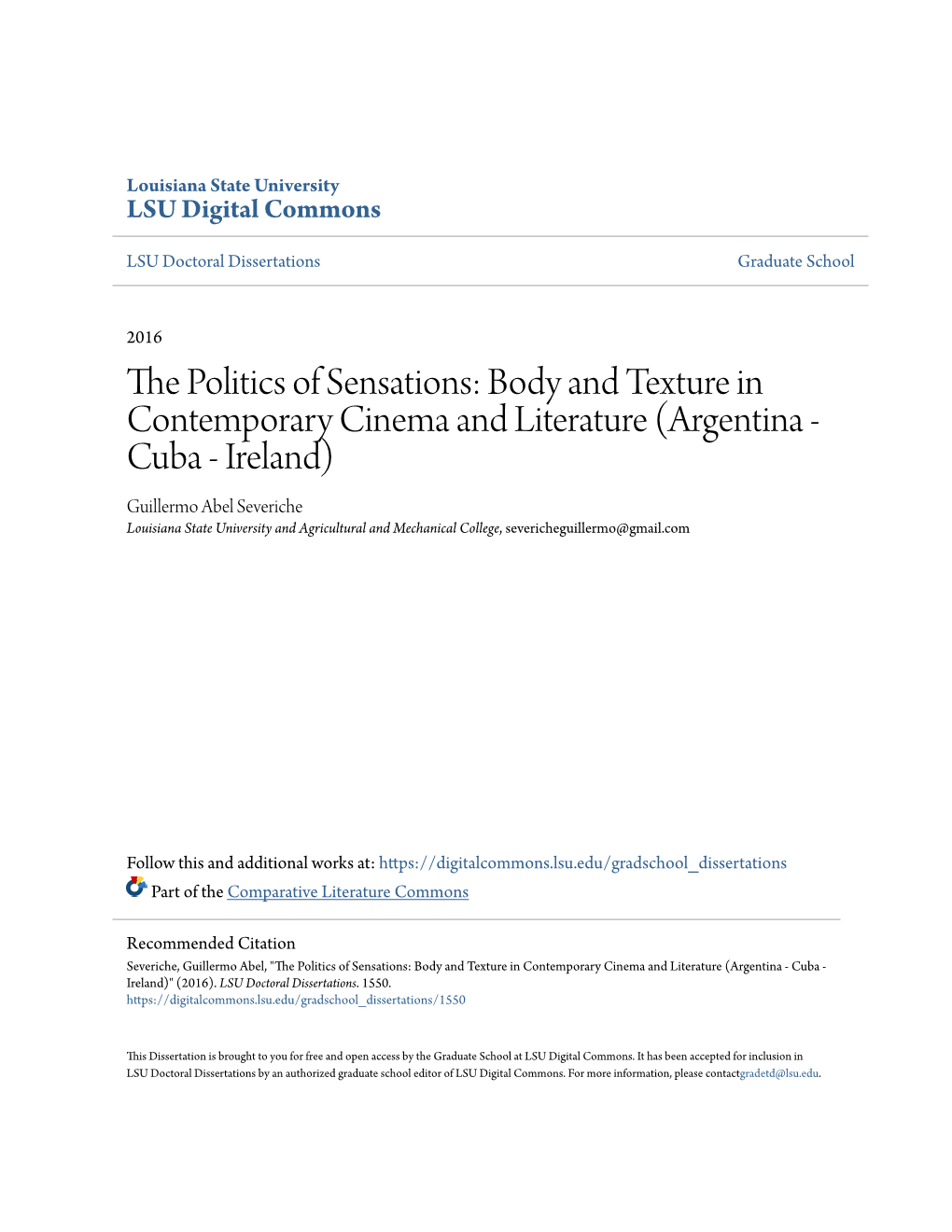 The Politics of Sensations: Body and Texture in Contemporary Cinema and Literature (Argentina – Cuba – Ireland)