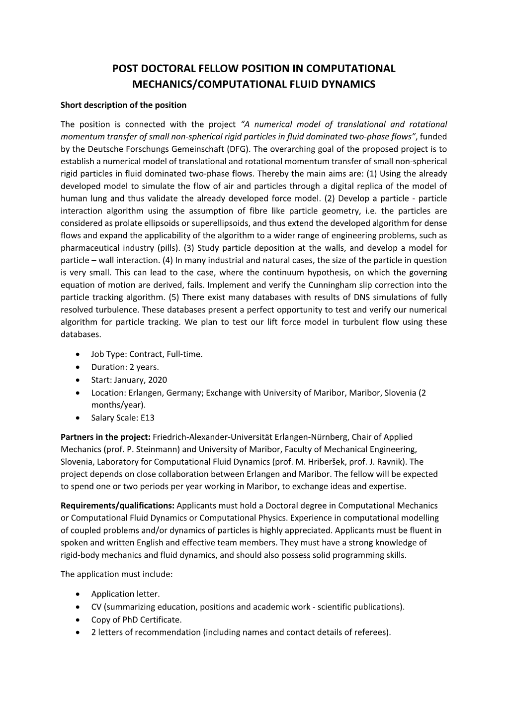 Post Doctoral Fellow Position in Computational Mechanics/Computational Fluid Dynamics