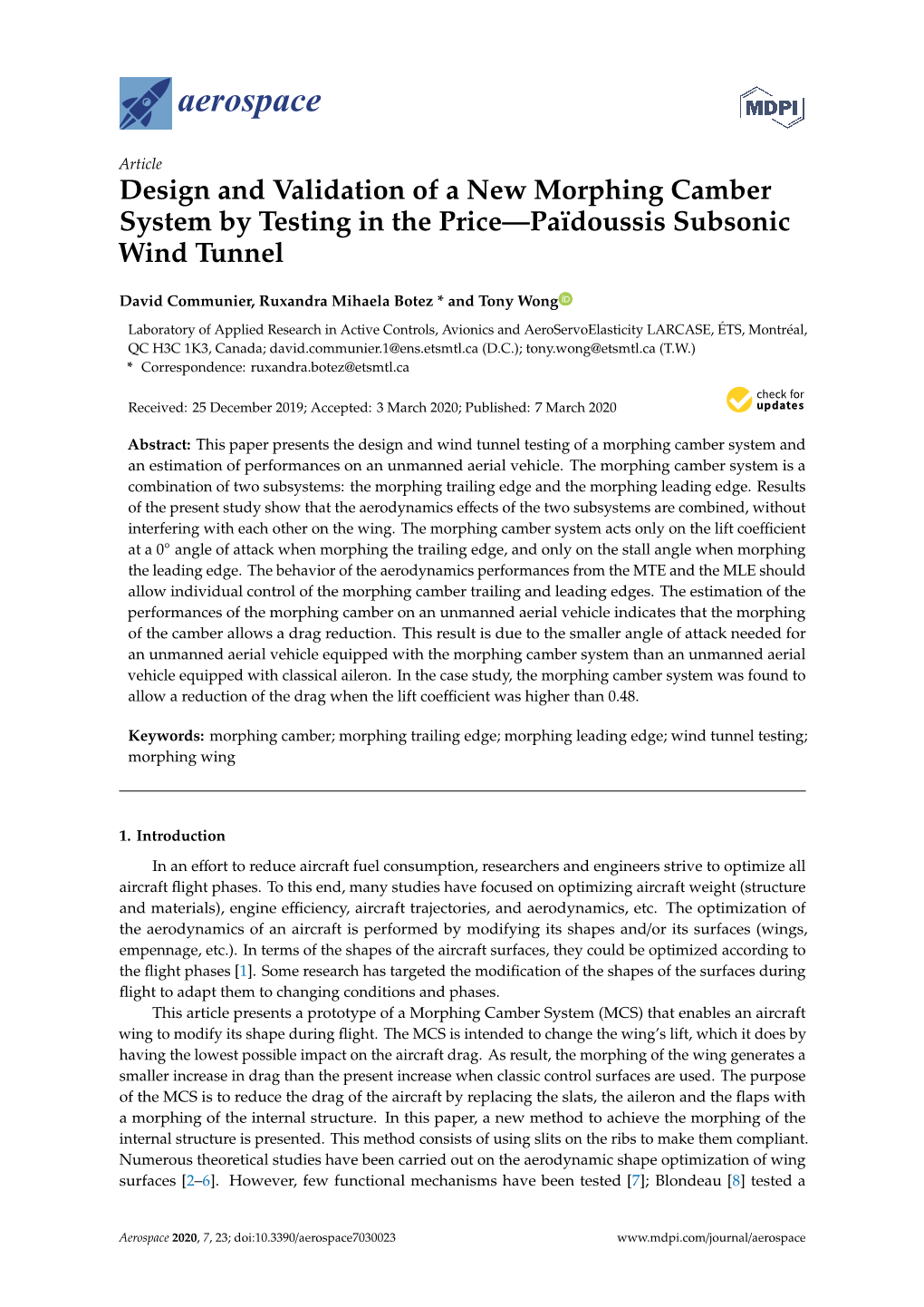 Design and Validation of a New Morphing Camber System by Testing in the Price—Païdoussis Subsonic Wind Tunnel