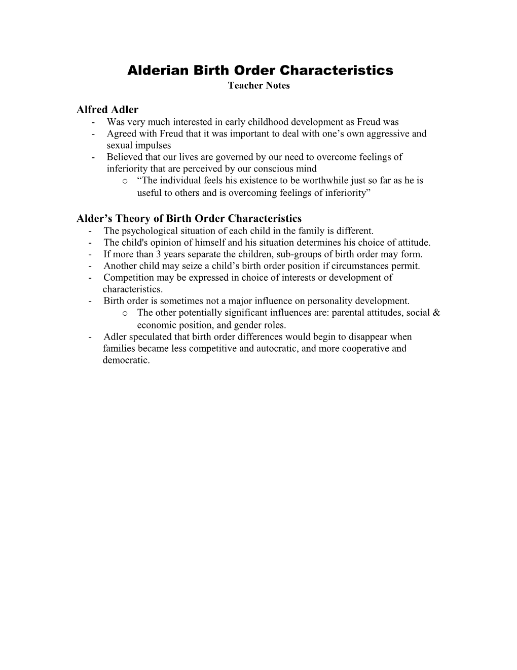 Alderian Overview of Birth Order Characteristics