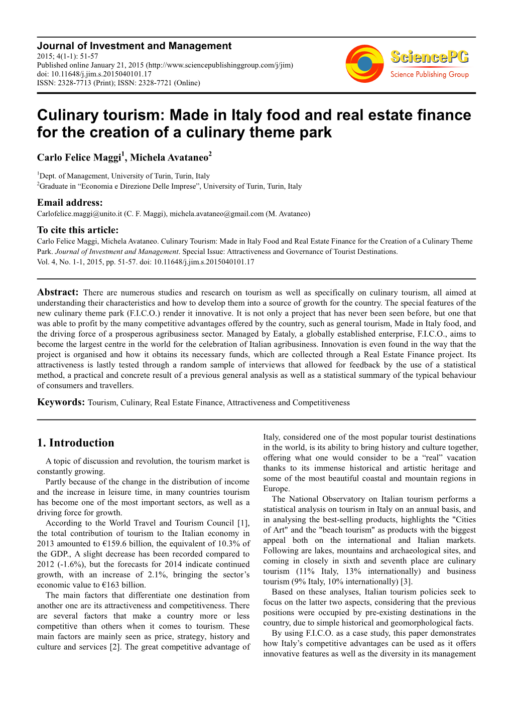 Culinary Tourism: Made in Italy Food and Real Estate Finance for the Creation of a Culinary Theme Park